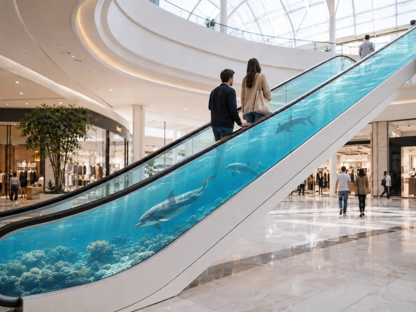 Concept visualization of an animated transparent glass escalator guardrail
