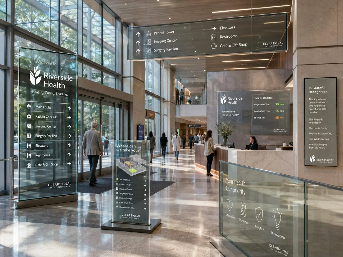 Concept visualization of transparent information displays in a healthcare atrium