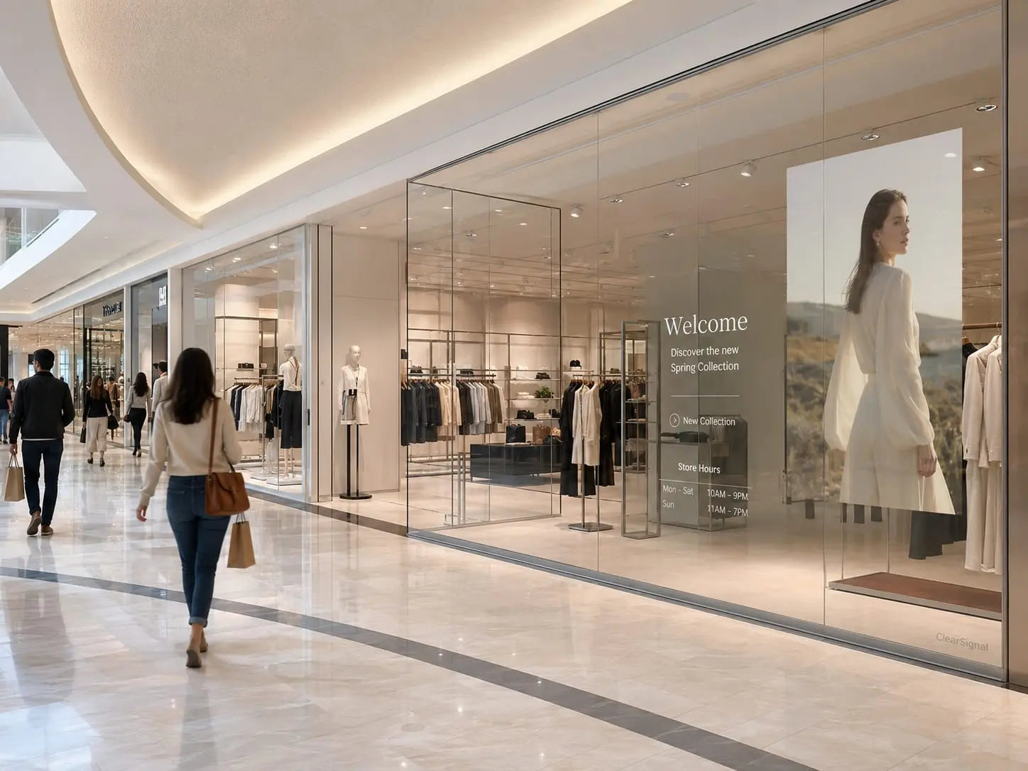 Concept visualization of transparent digital media integrated into a retail storefront