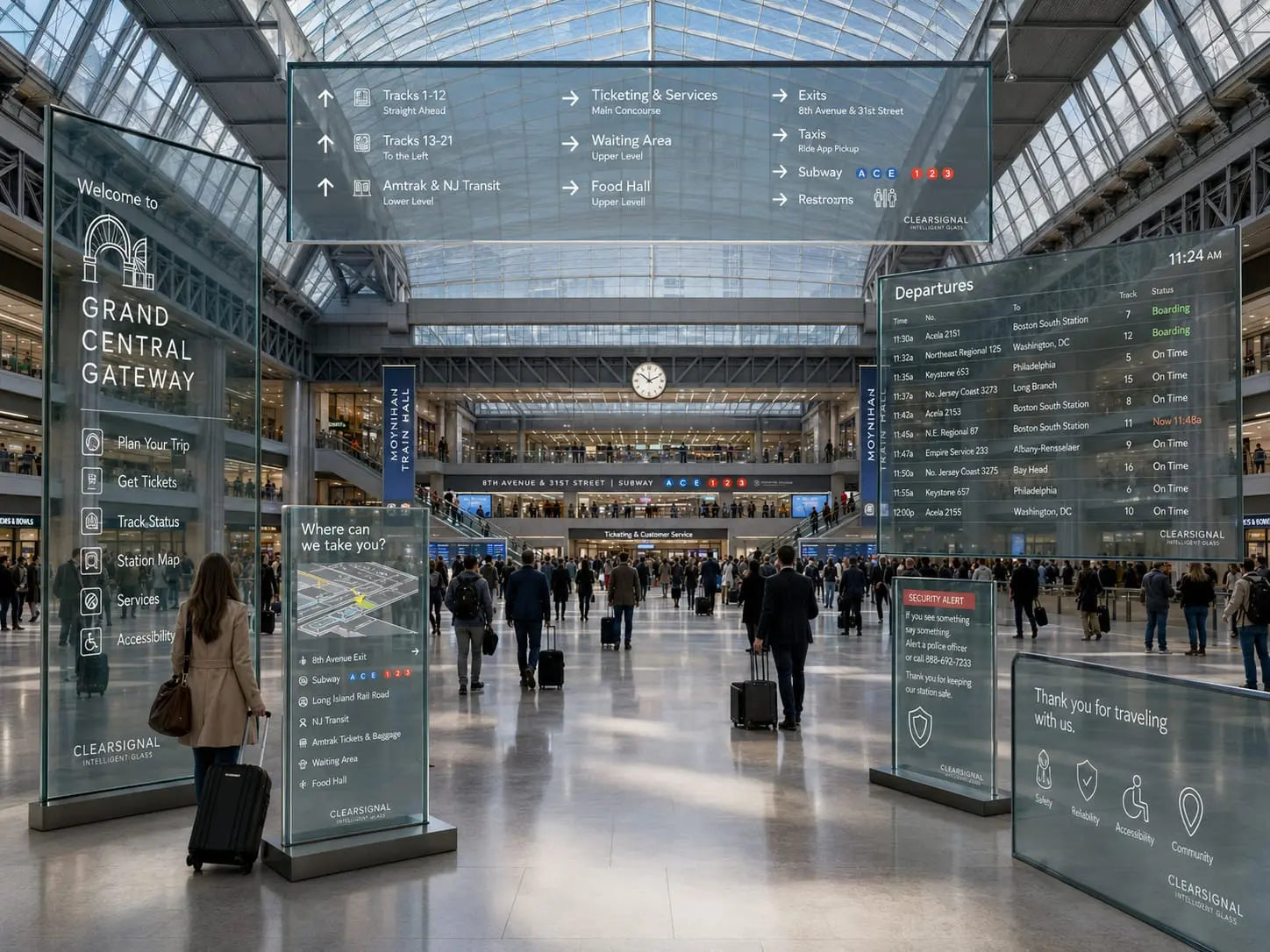 Concept visualization of transparent passenger information displays in a transportation terminal