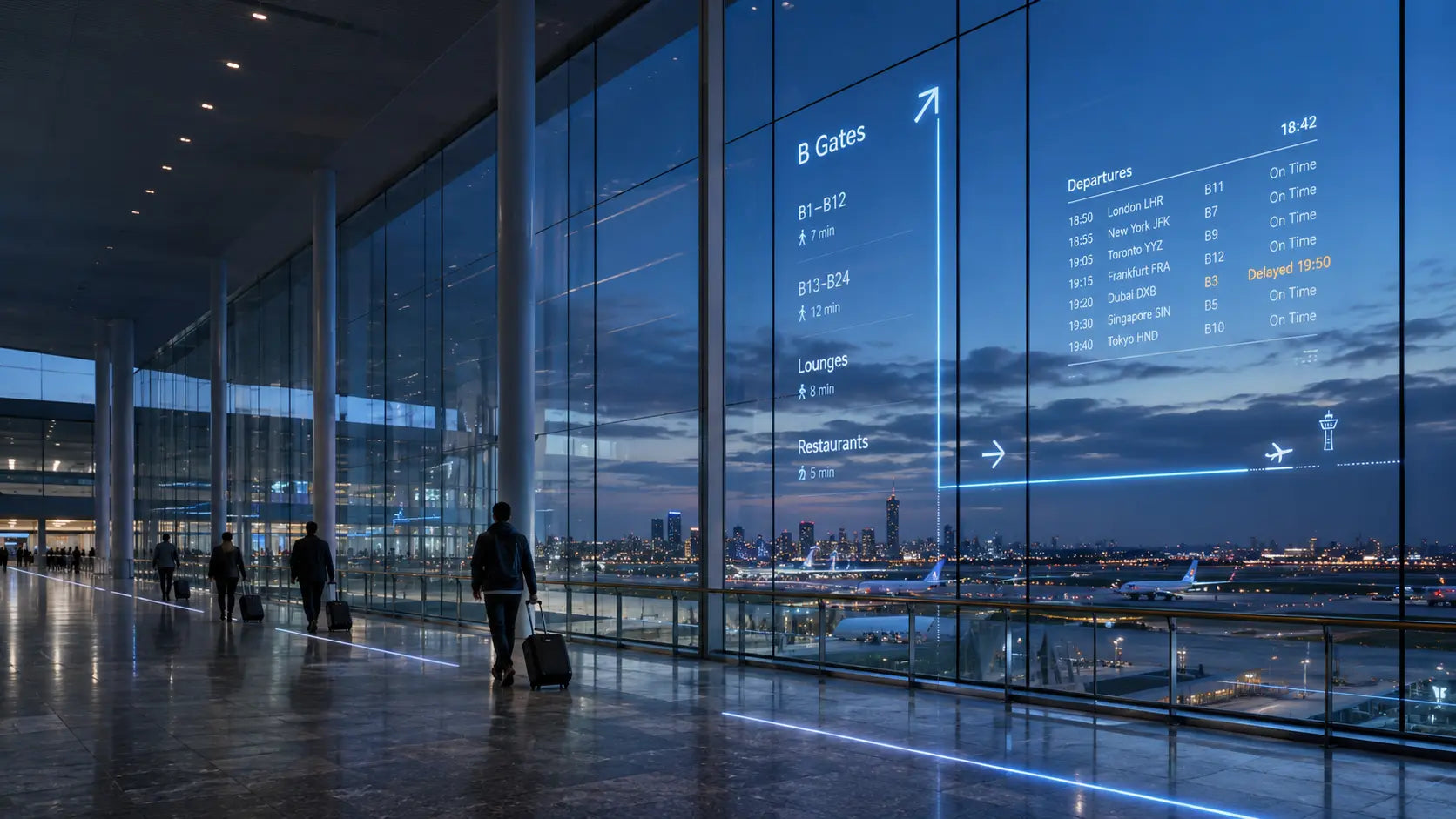 Information displayed directly on transparent airport glass