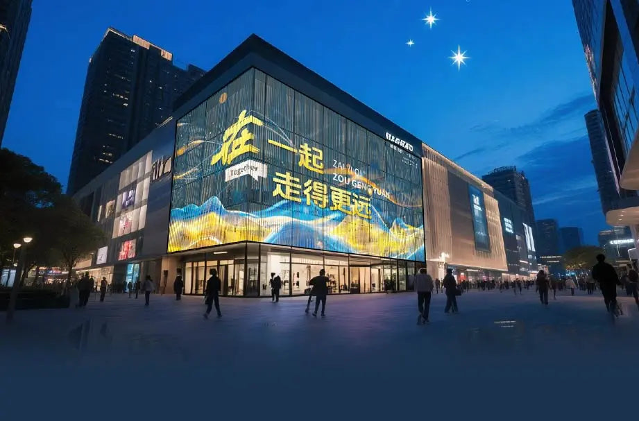 Transparent curtain wall display across commercial architecture