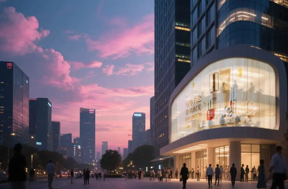 Transparent display across curved retail architecture