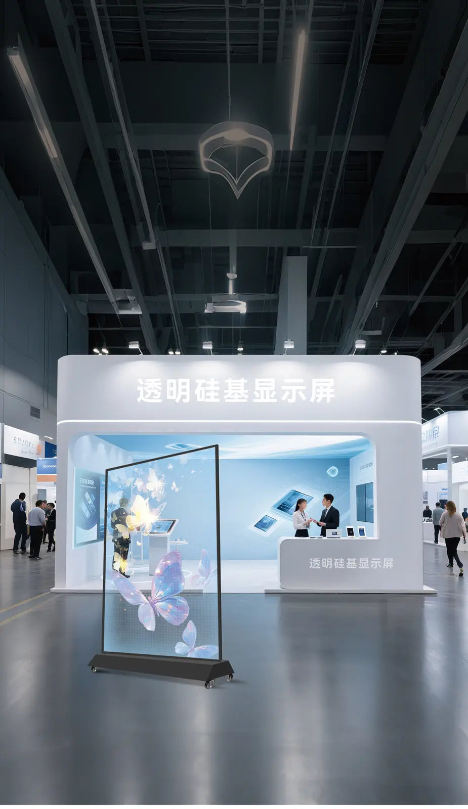 Freestanding mobile transparent display at an exhibition