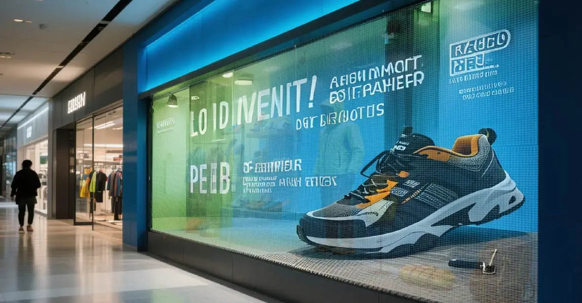 Transparent product advertising on retail showcase glass