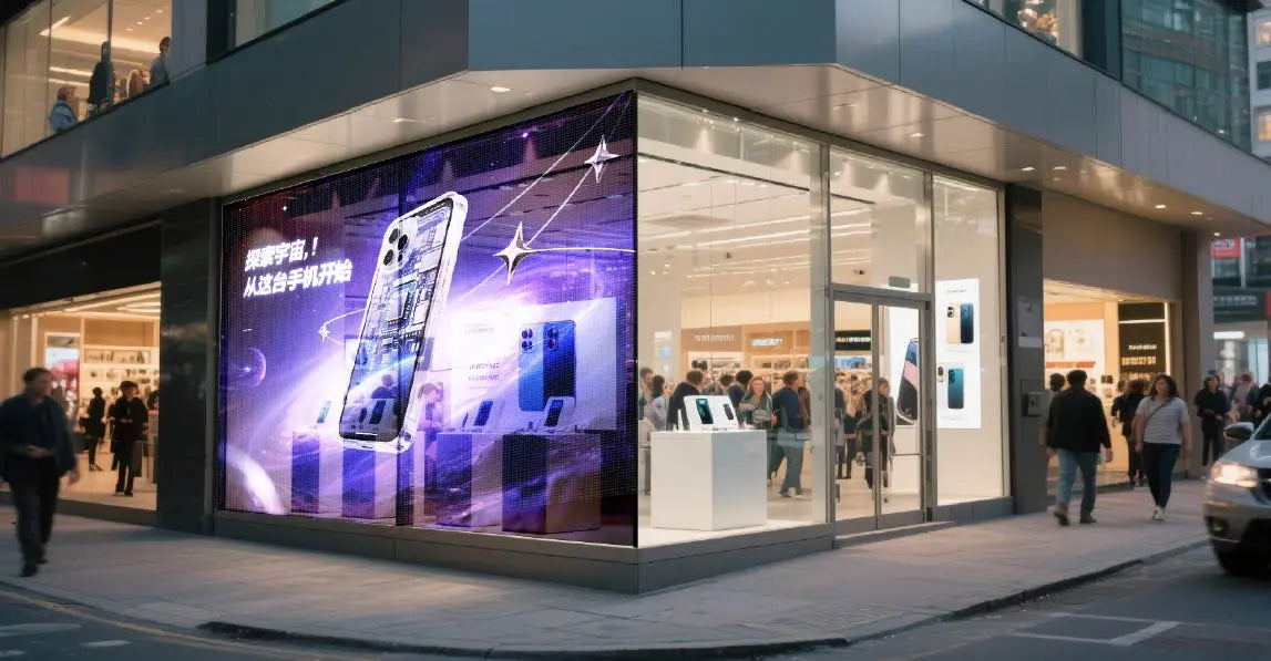 Transparent digital display on a glass storefront corner